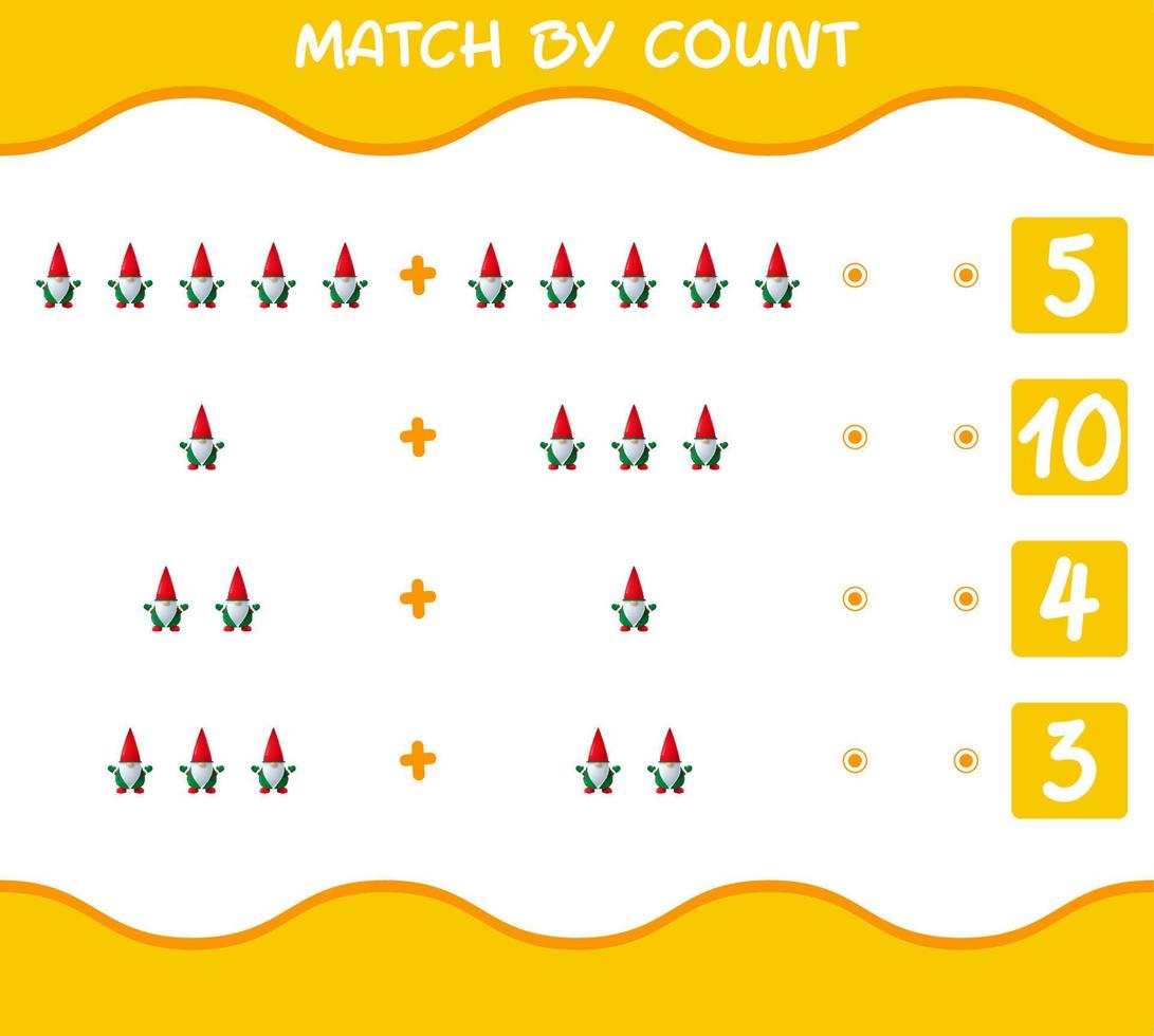 Match by count of cartoon gnome. Match and count game. Educational game for pre shool years kids and toddlers vector