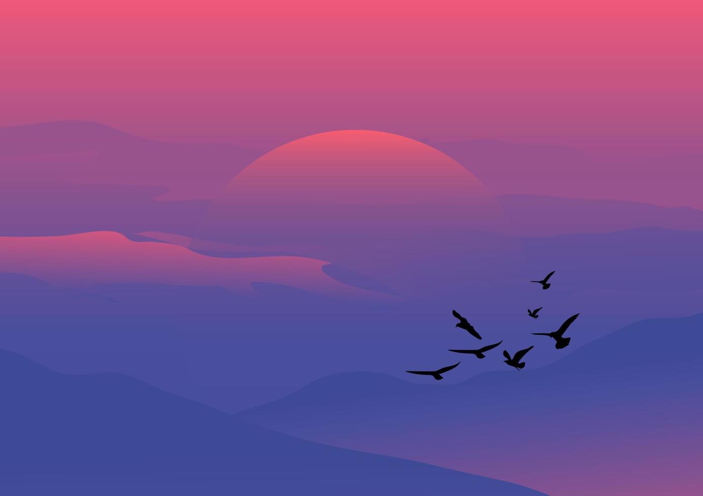 gráficos dibujo paisaje vista puesta de sol o amanecer ganar montaña fondo vector ilustración