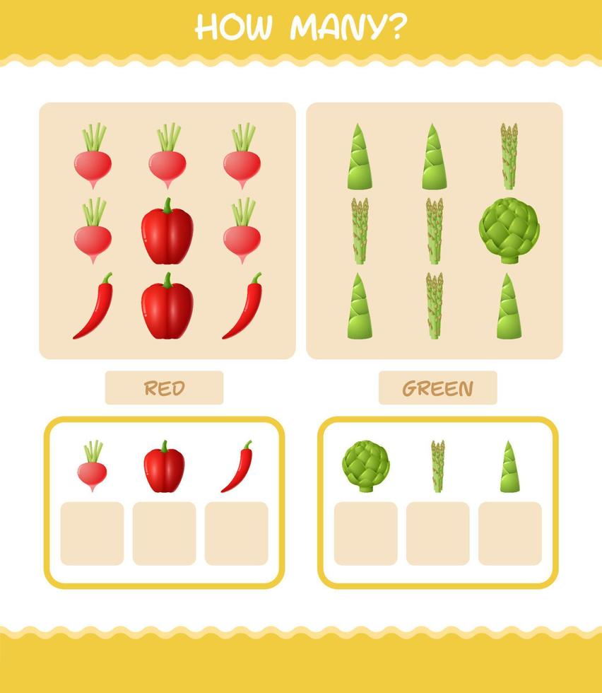 How many cartoon vegetables. Counting game. Educational game for pre shool years kids and toddlers vector