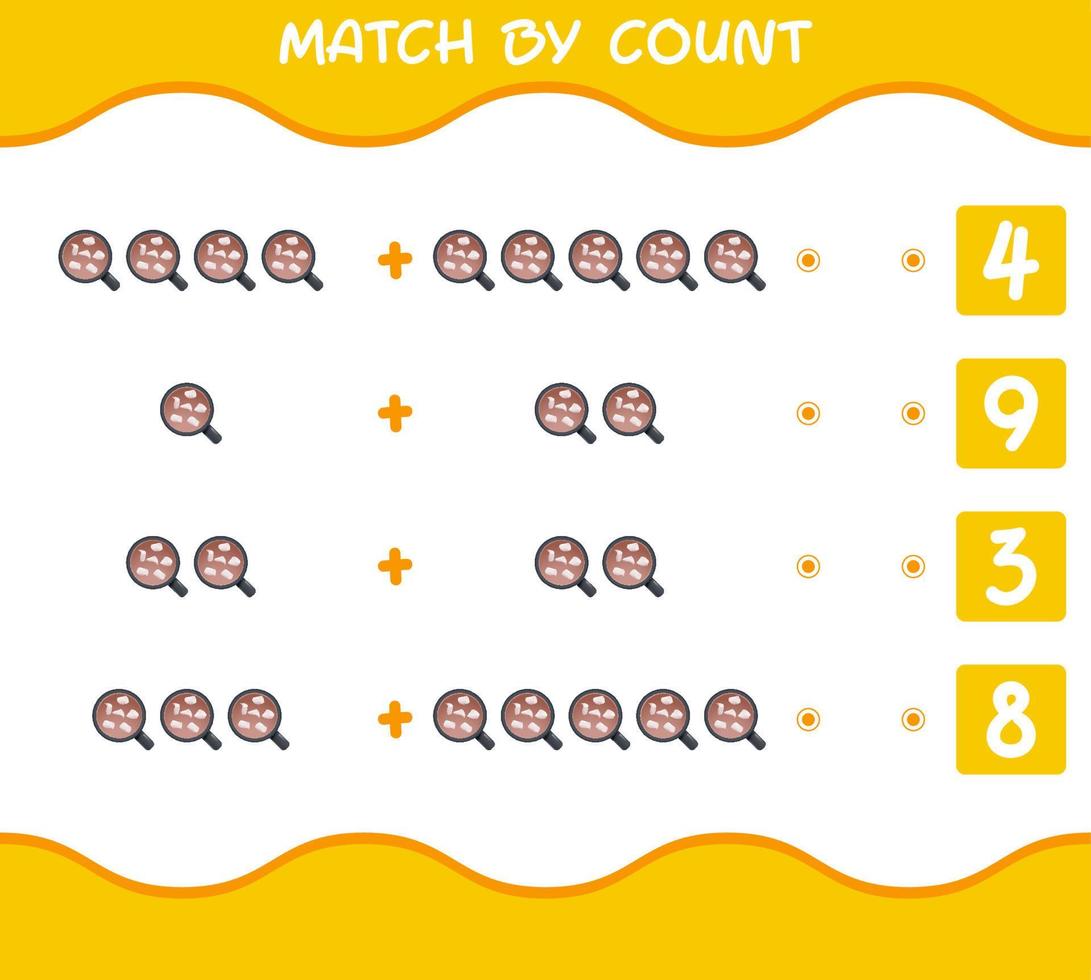 Match by count of cartoon hot chocolate. Match and count game. Educational game for pre shool years kids and toddlers vector