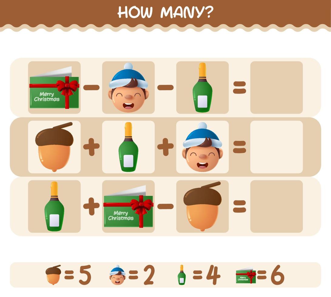 How many cartoon christmas. Counting game. Educational game for pre shool years kids and toddlers vector