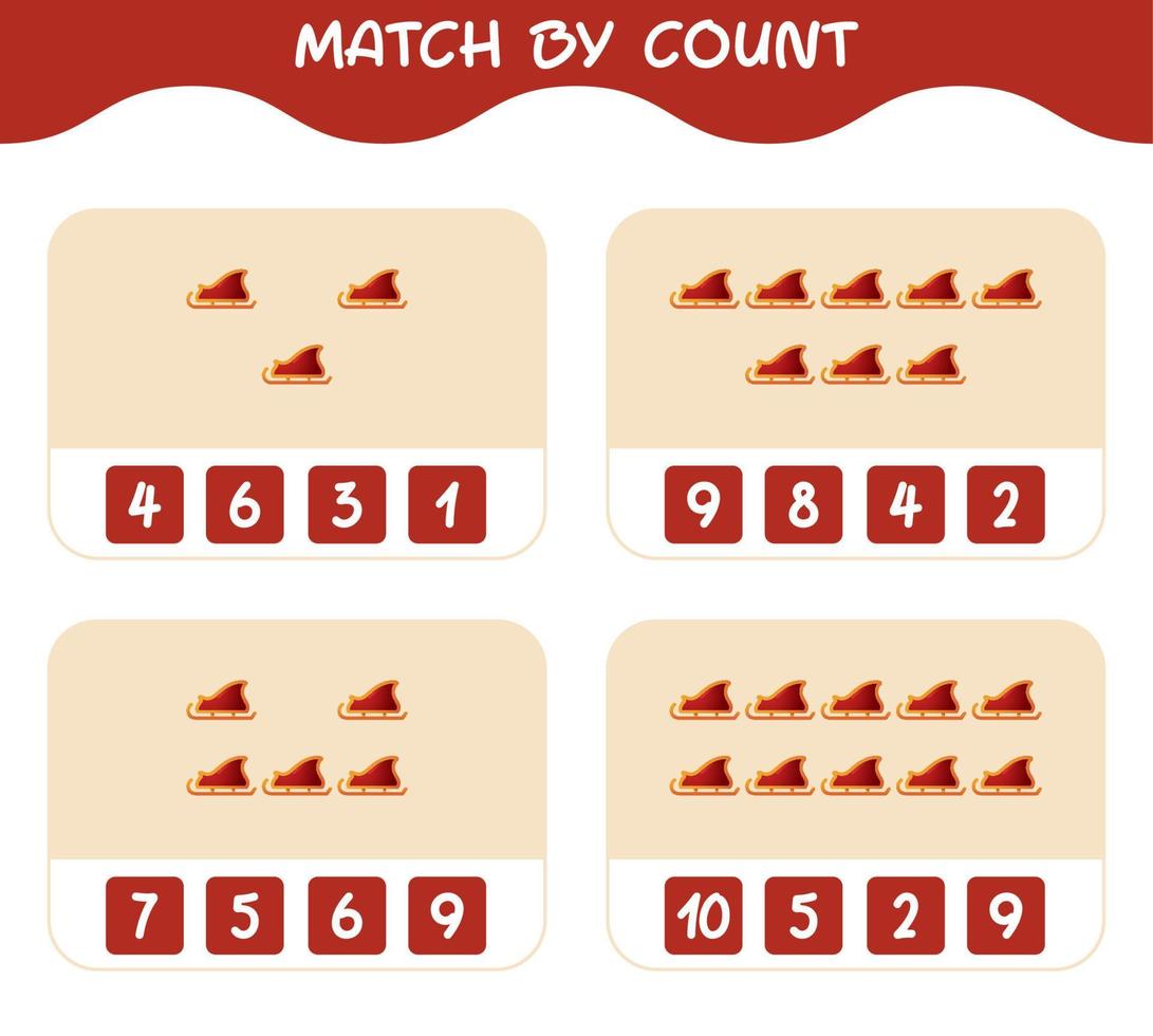 Match by count of cartoon santa sleigh. Match and count game. Educational game for pre shool years kids and toddlers vector