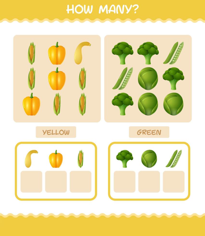 How many cartoon vegetables. Counting game. Educational game for pre shool years kids and toddlers vector