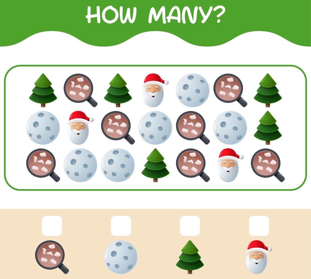 How many cartoon christmas. Counting game. Educational game for pre shool years kids and toddlers vector