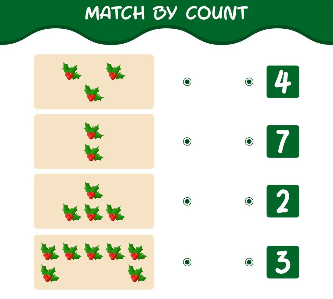 Match by count of cartoon holly berry. Match and count game. Educational game for pre shool years kids and toddlers vector