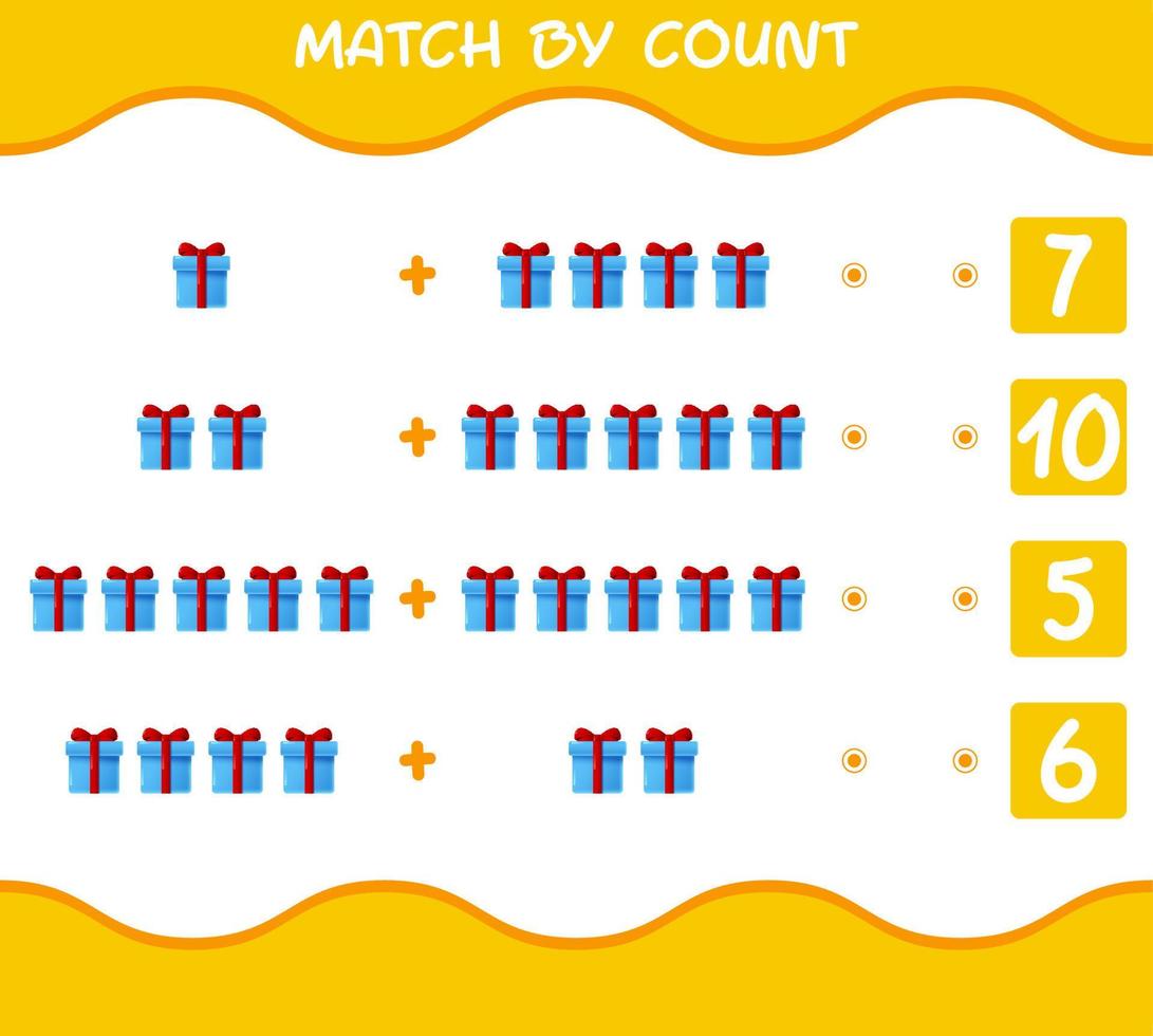 Match by count of cartoon gift box. Match and count game. Educational game for pre shool years kids and toddlers vector