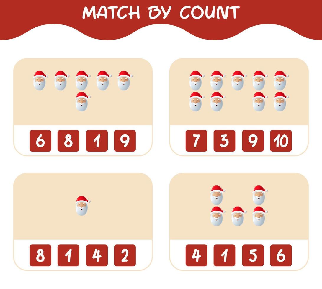 Match by count of cartoon santa claus. Match and count game. Educational game for pre shool years kids and toddlers vector