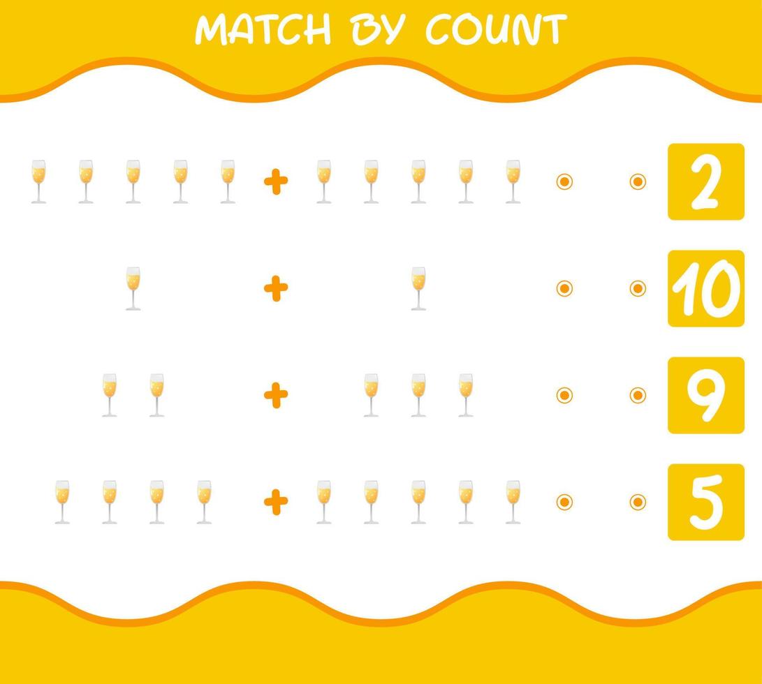 Match by count of cartoon champagne glass. Match and count game. Educational game for pre shool years kids and toddlers vector