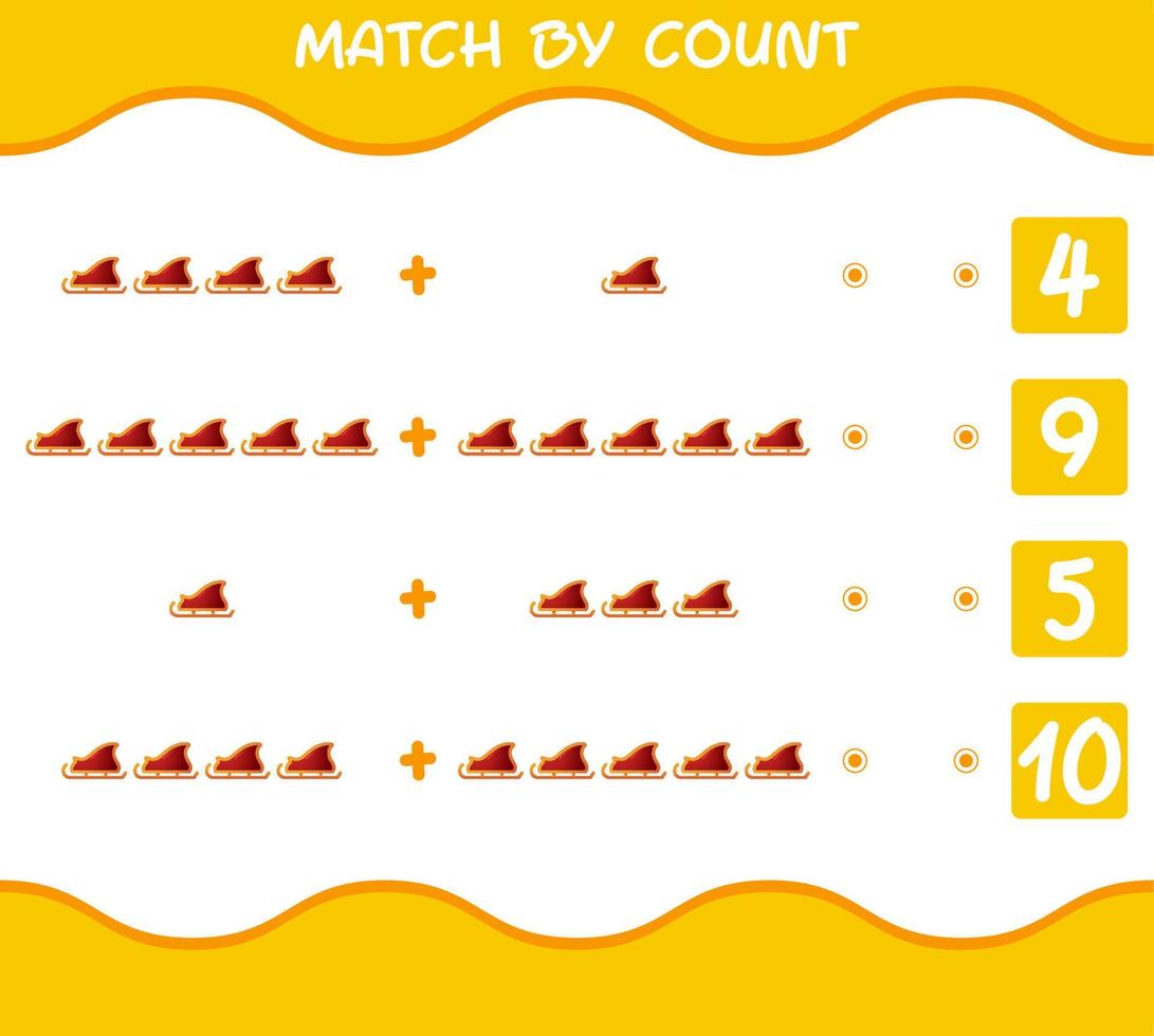 Match by count of cartoon santa sleigh. Match and count game. Educational game for pre shool years kids and toddlers vector