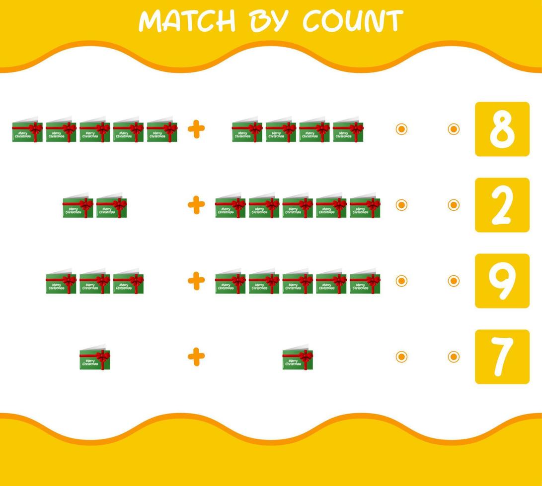 Match by count of cartoon christmas card. Match and count game. Educational game for pre shool years kids and toddlers vector