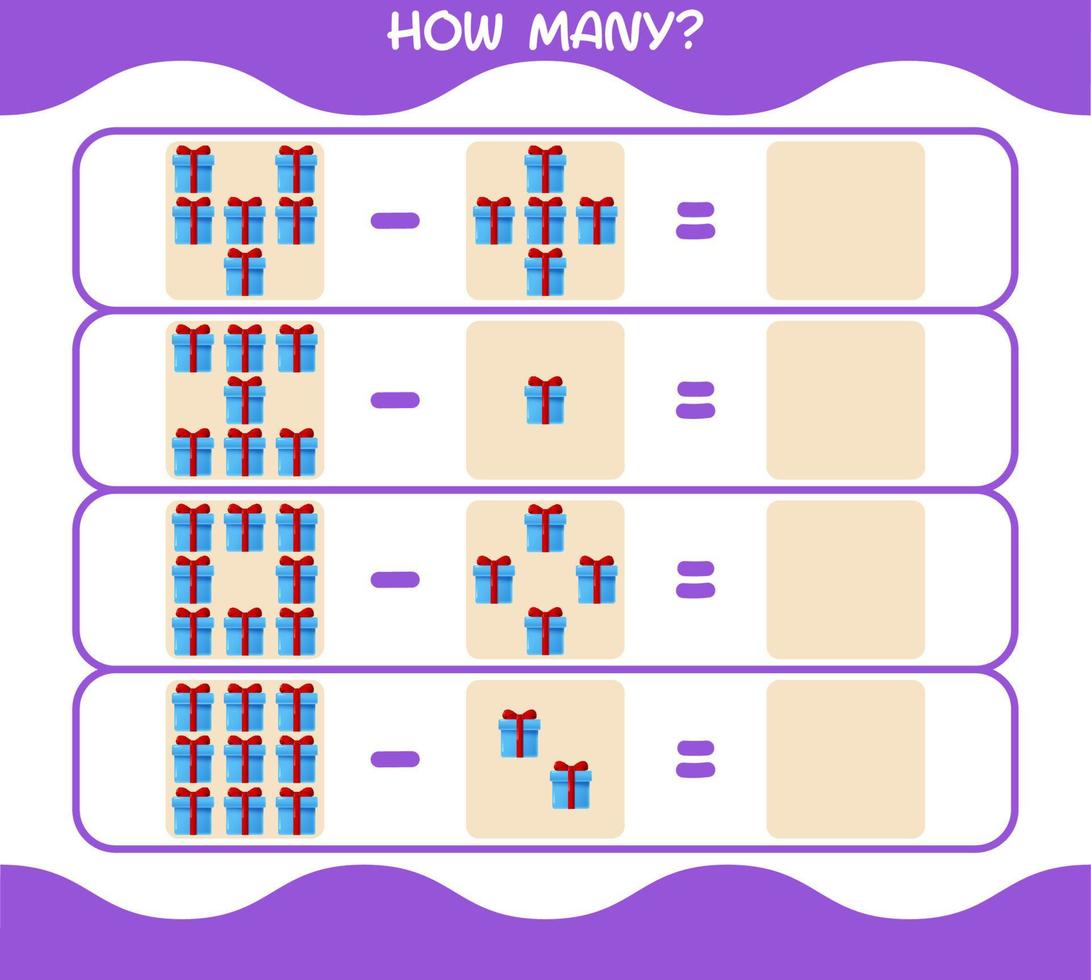 How many cartoon gift box. Counting game. Educational game for pre shool years kids and toddlers vector