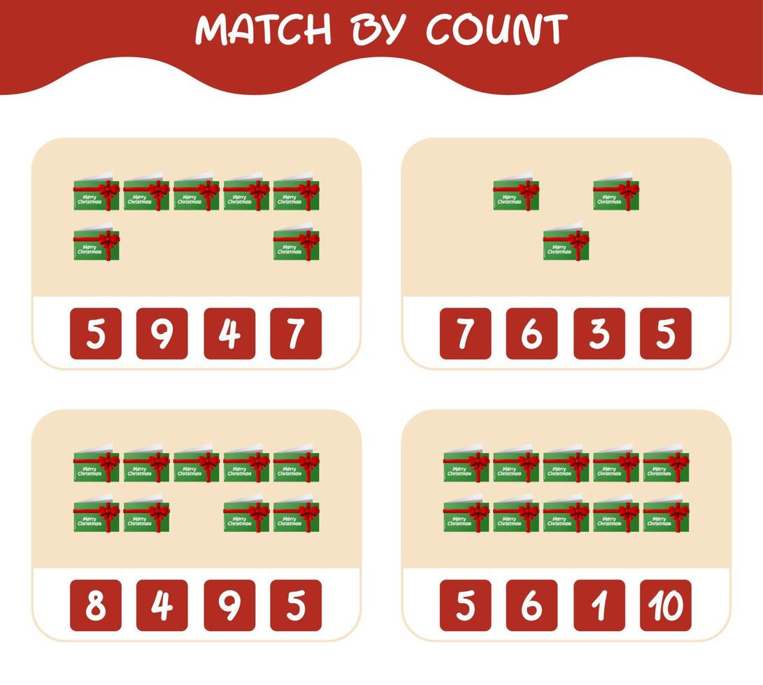 Match by count of cartoon christmas card. Match and count game. Educational game for pre shool years kids and toddlers vector