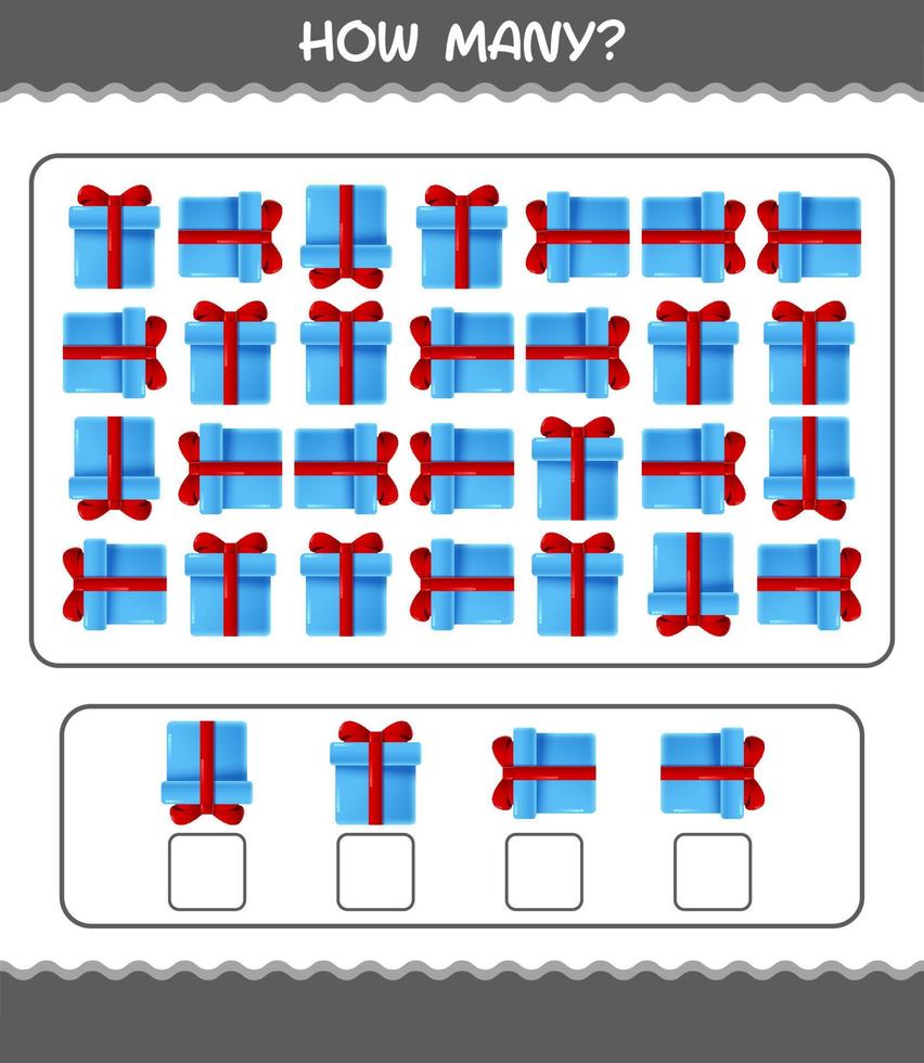 How many cartoon gift box. Counting game. Educational game for pre shool years kids and toddlers vector