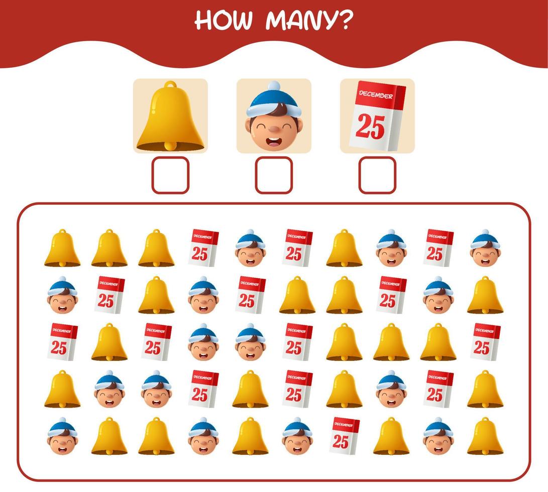 How many cartoon christmas. Counting game. Educational game for pre shool years kids and toddlers vector