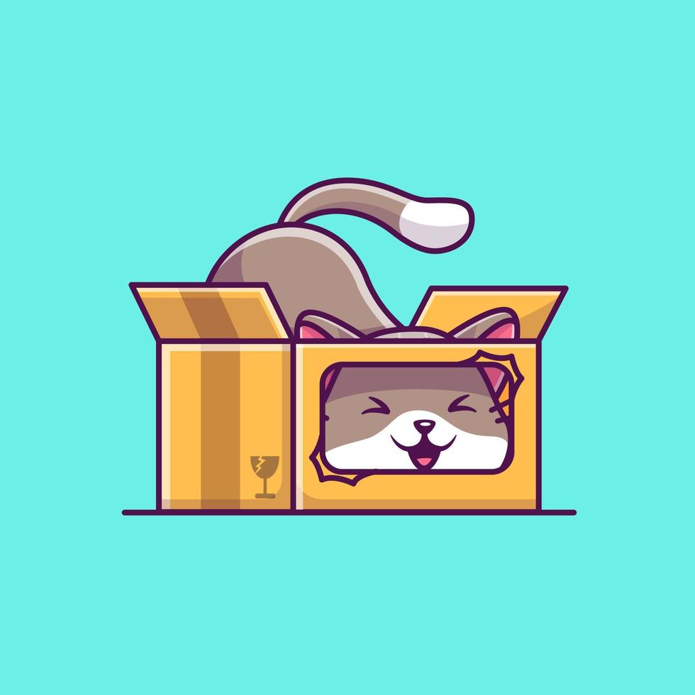 lindo gato jugando en la ilustración de icono de vector de dibujos animados de caja. concepto de icono de naturaleza animal vector premium aislado. estilo de dibujos animados plana