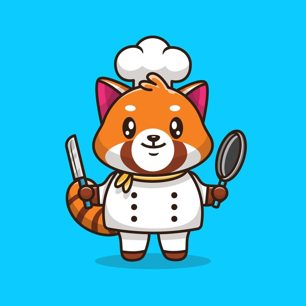 Cute Red Panda Chef Holding Pan And Knife Cartoon Vector Icon Illustration. Animal Profession Icon Concept Isolated Premium Vector. Flat Cartoon Style
