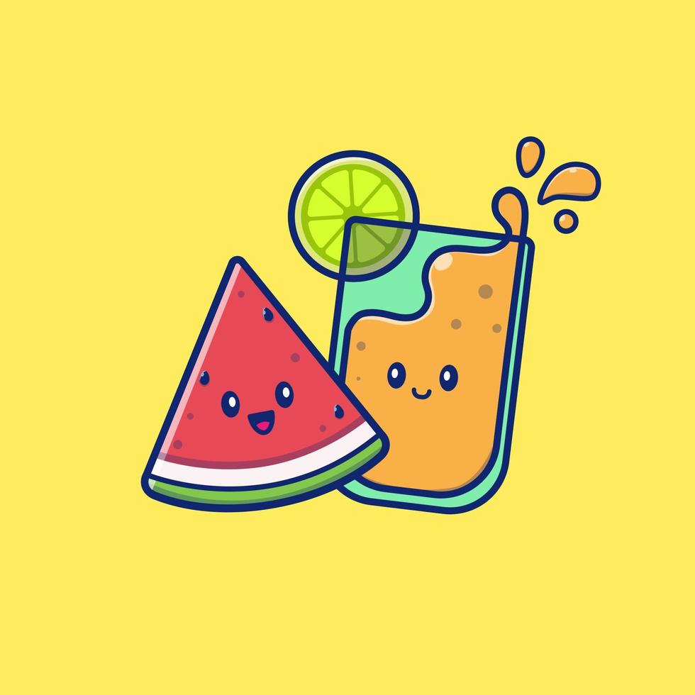 Cute Lemon Juice With Cute Watermelon Cartoon Vector Icon Illustration. Food And Drink Icon Concept Isolated Premium Vector. Flat Cartoon Style