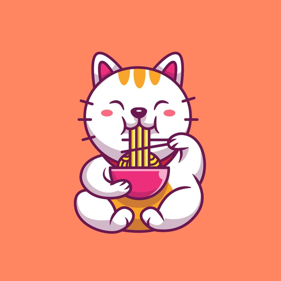 Cute Cat Eating Noodle With Chopstick Cartoon Vector Icon Illustration. Animal Food Icon Concept Isolated Premium Vector. Flat Cartoon Style