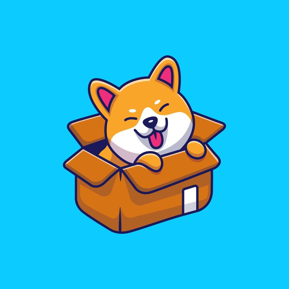lindo perro shiba inu jugando en la ilustración de icono de vector de dibujos animados de caja. concepto de icono de naturaleza animal vector premium aislado. estilo de dibujos animados plana