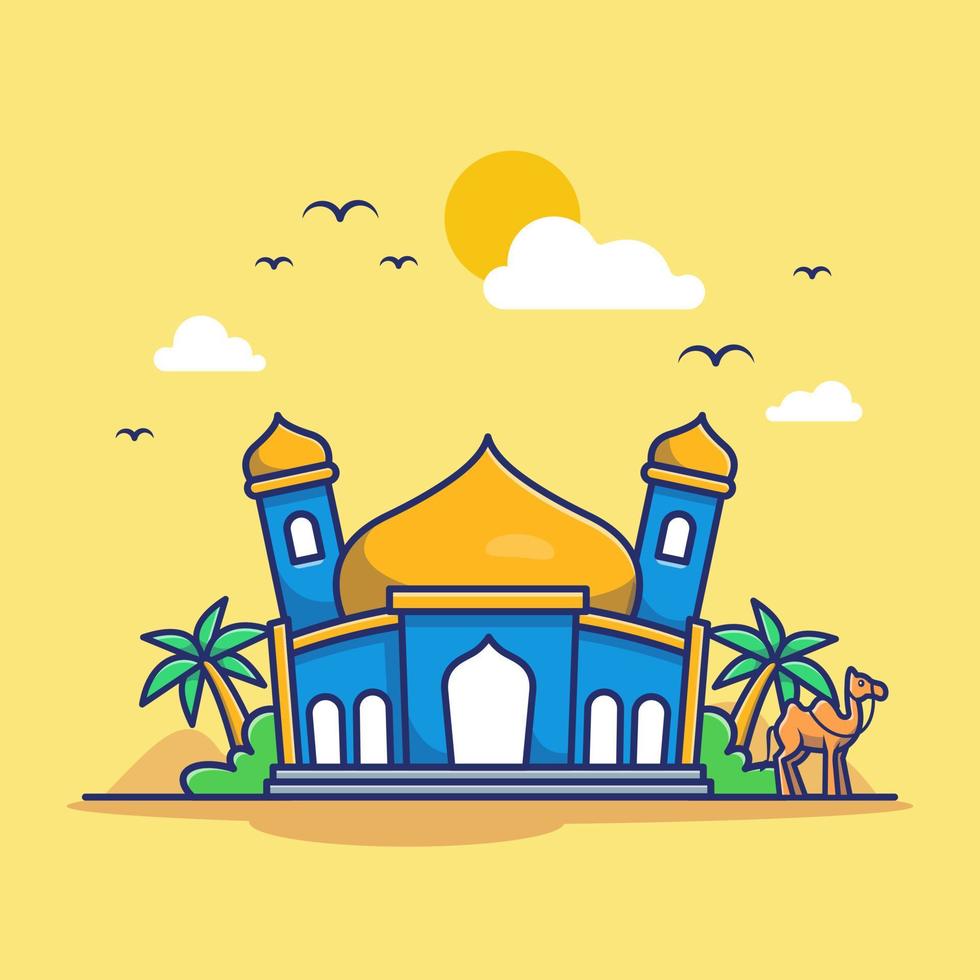 Mosque With Camel Cartoon Vector Icon Illustration. Building Religion Icon Concept Isolated Premium Vector. Flat Cartoon Style