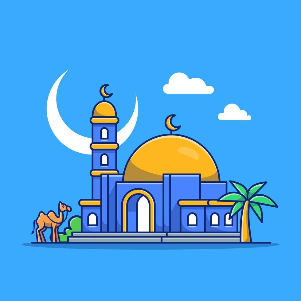 Mosque With Camel Cartoon Vector Icon Illustration. Building Religion Icon Concept Isolated Premium Vector. Flat Cartoon Style