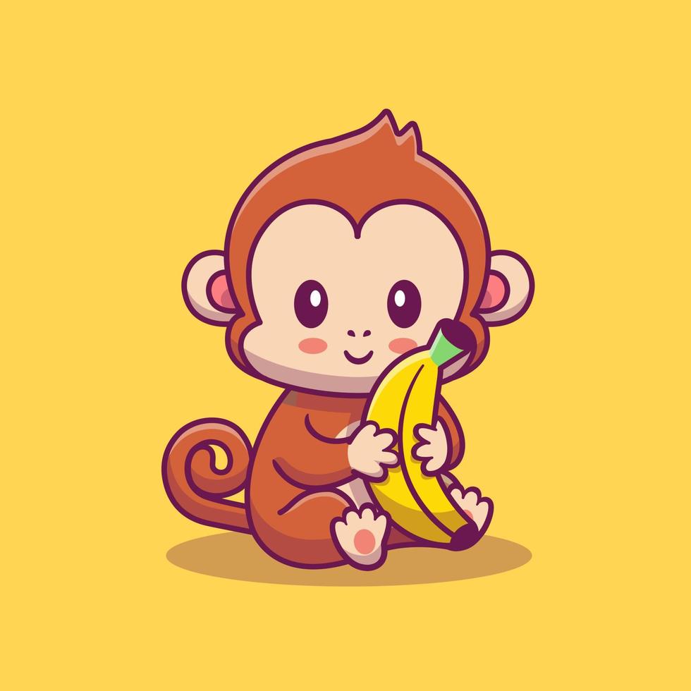 mono lindo sosteniendo ilustración de icono de vector de dibujos animados de plátano. concepto de icono de comida animal vector premium aislado. estilo de dibujos animados plana