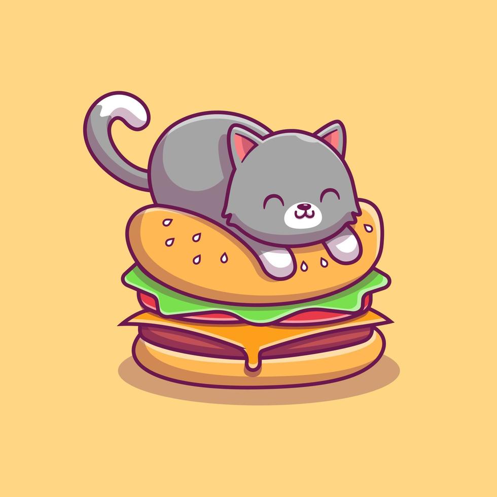 Cute Cat Lay On Burger Cartoon Vector Icon Illustration. Animal Food Icon Concept Isolated Premium Vector. Flat Cartoon Style