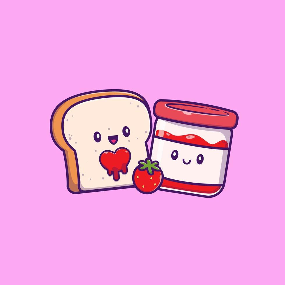 Cute Bread With Cute Strawberry Jam Cartoon Vector Icon Illustration. Food Object Icon Concept Isolated Premium Vector. Flat Cartoon Style