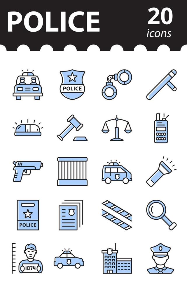 Police icons set. Collection linear symbols law and justice. Simple vector illustration.