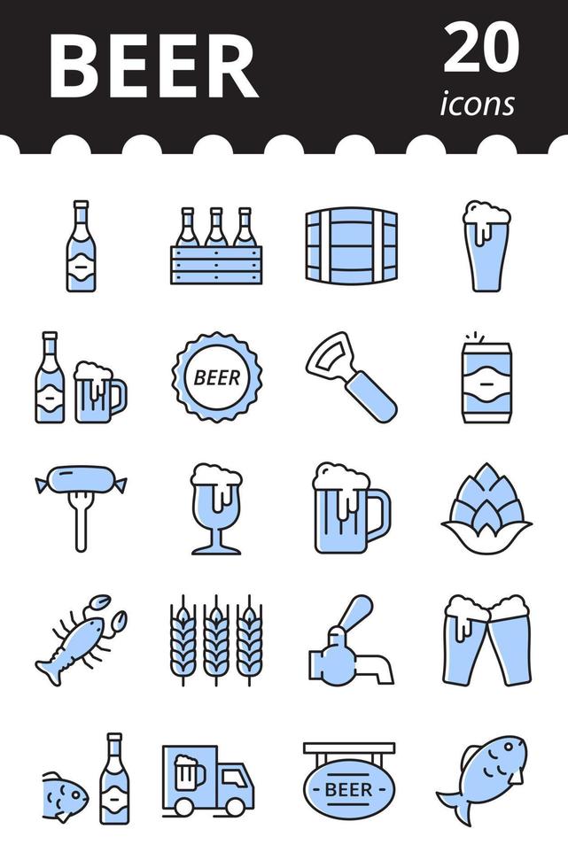 conjunto de iconos relacionados con la cerveza. colección de símbolos lineales vectoriales en color. vector