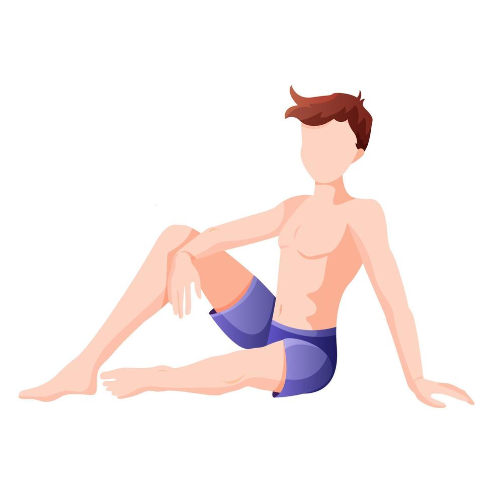A man is sitting on the beach in swimming trunks. Rest on the sea. vector