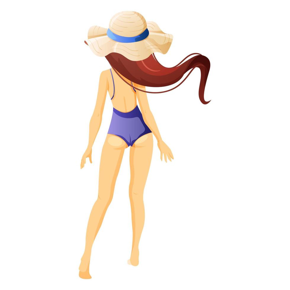 una chica con sombrero se para en traje de baño con la espalda. descansar en el mar. vector