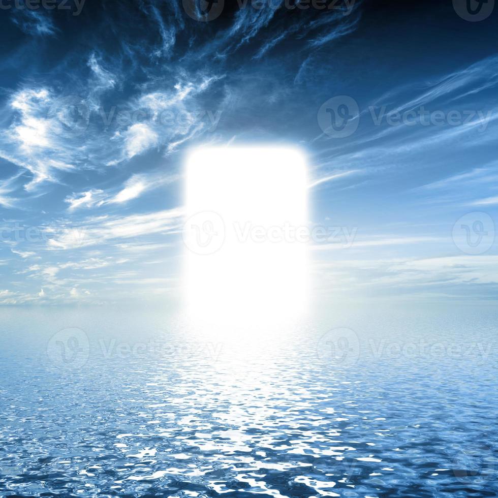Gate to paradise, way on water towards light, new world, God. photo