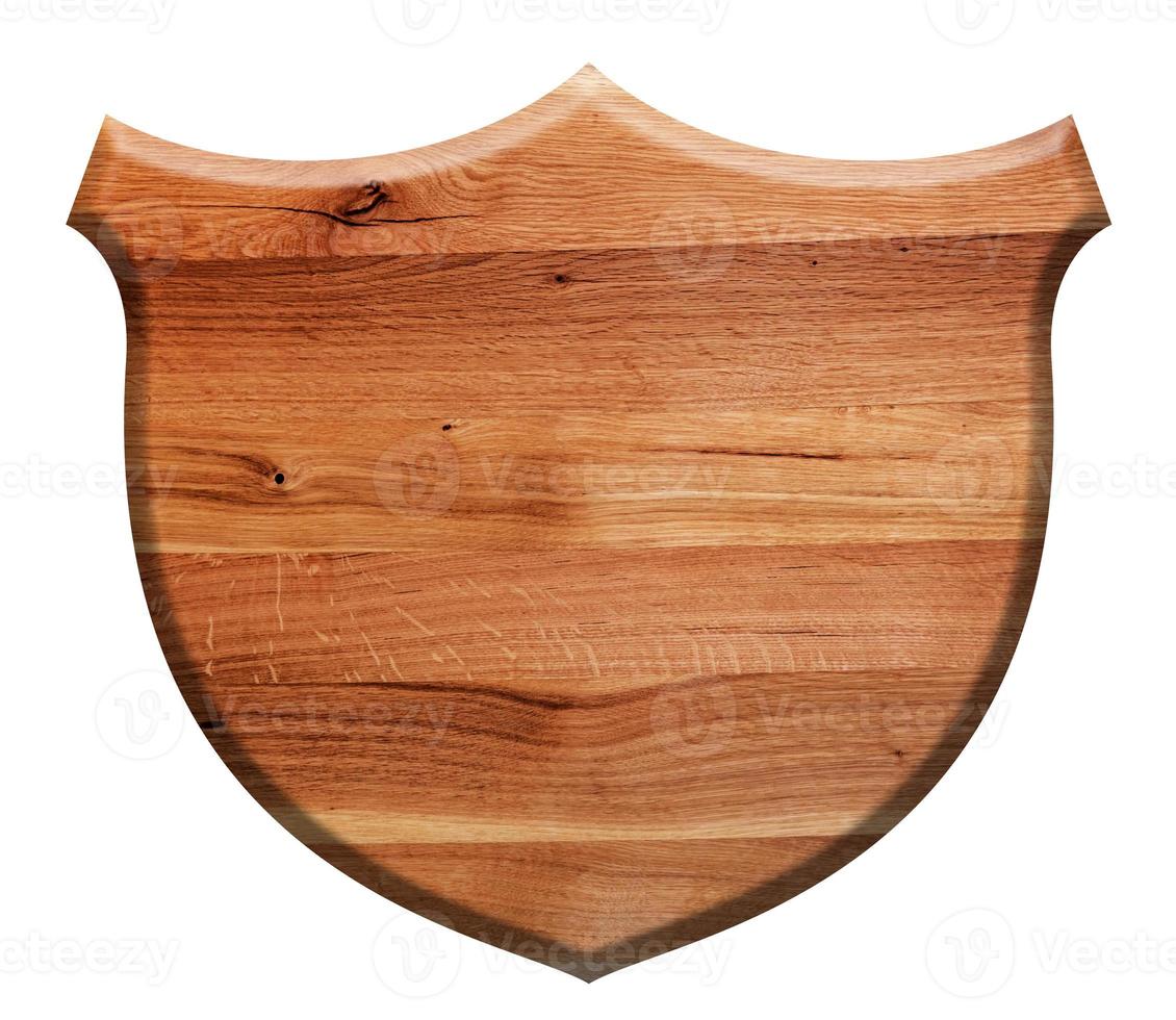 Wooden shield isolated on white. Natural oak wood photo