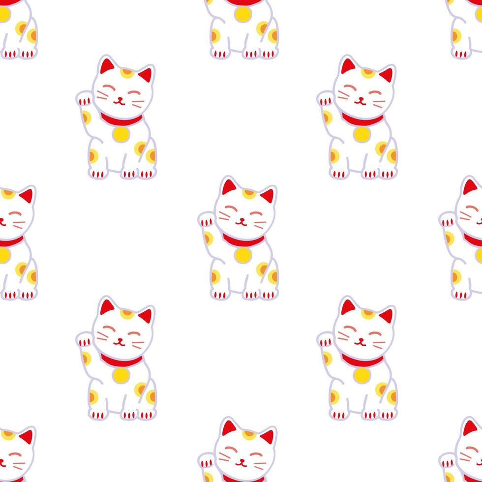 Maneki Neko Seamless pattern. Symbol of good luck, fortune and prosperity. Doodle style vector illustration of Japanese cat