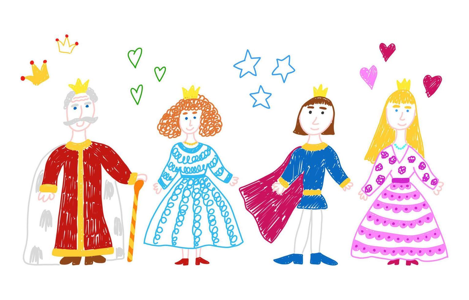 Princess, prince, queen and king doodle set. Royal family from fairy tale. Children's drawing. Isolated vector illustration