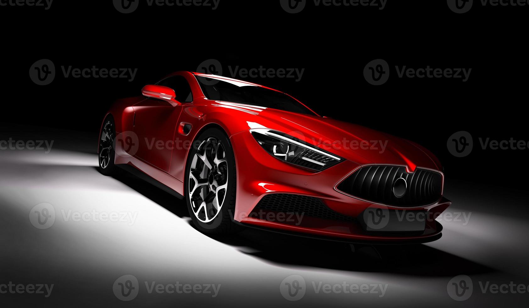 Modern red sports car in a spotlight on a black background. photo
