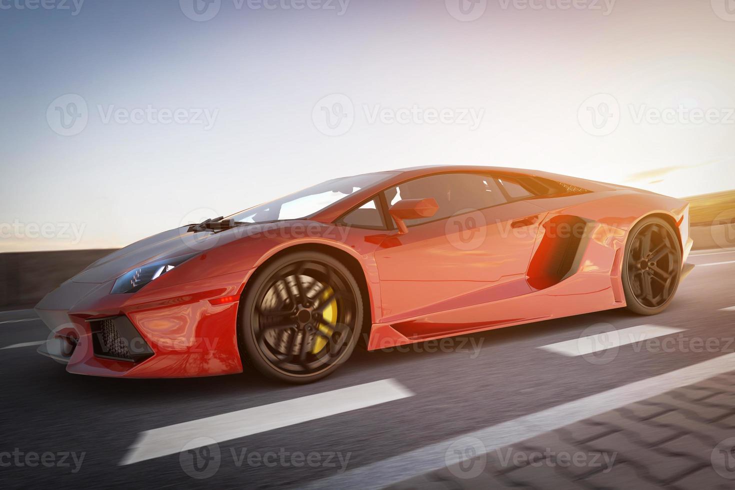 Modern red metallic sports car driving fast on the road. Generic desing, brandless photo