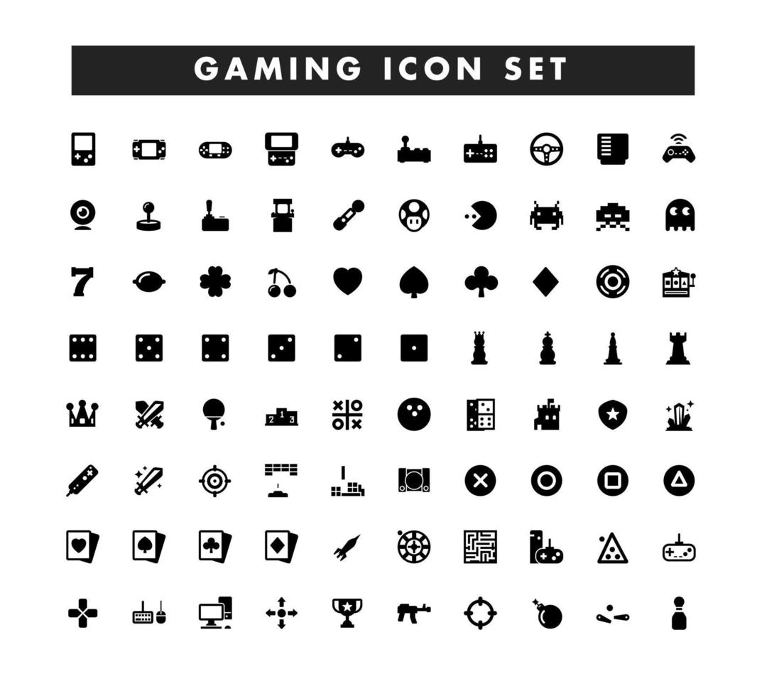 colección de 80 iconos vectoriales temáticos de juego sólido negro sobre un fondo blanco. vector