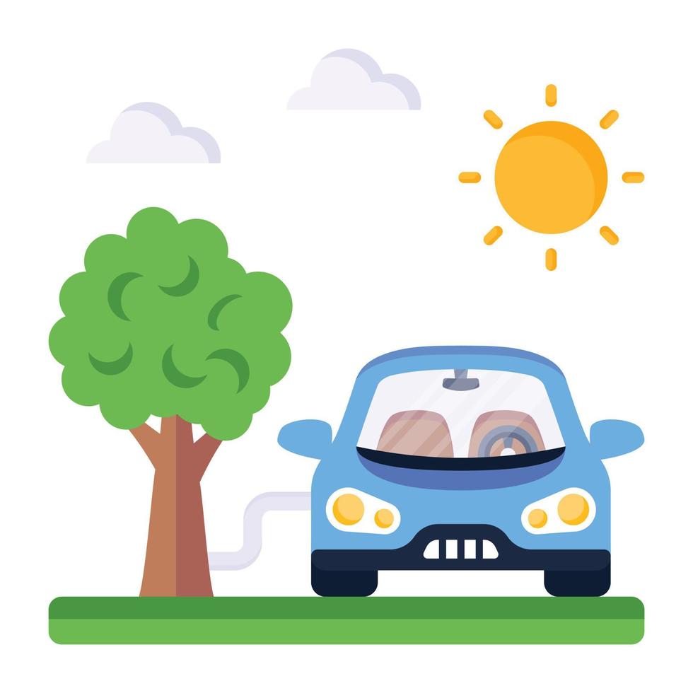 Car in garden depicting landscape, flat icon vector