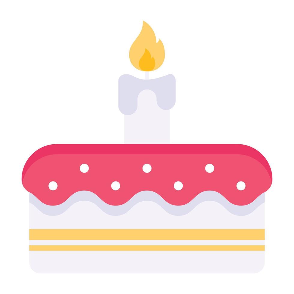 Valentine cake with burning candle, flat icon vector