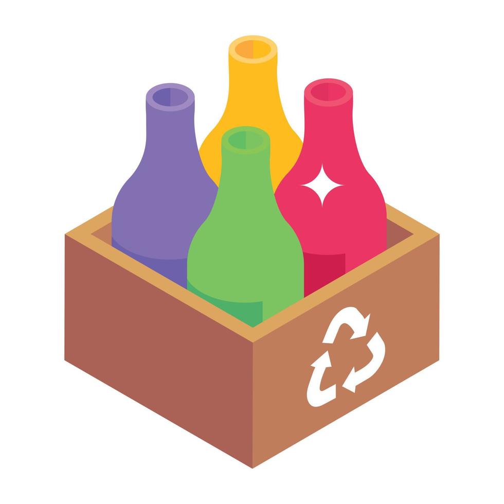 An editable isometric icon of bottles crate vector