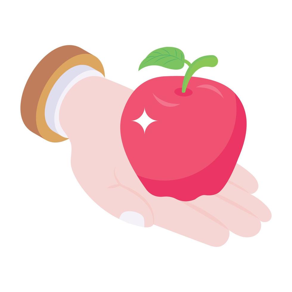 una manzana en una mano, icono isométrico vector