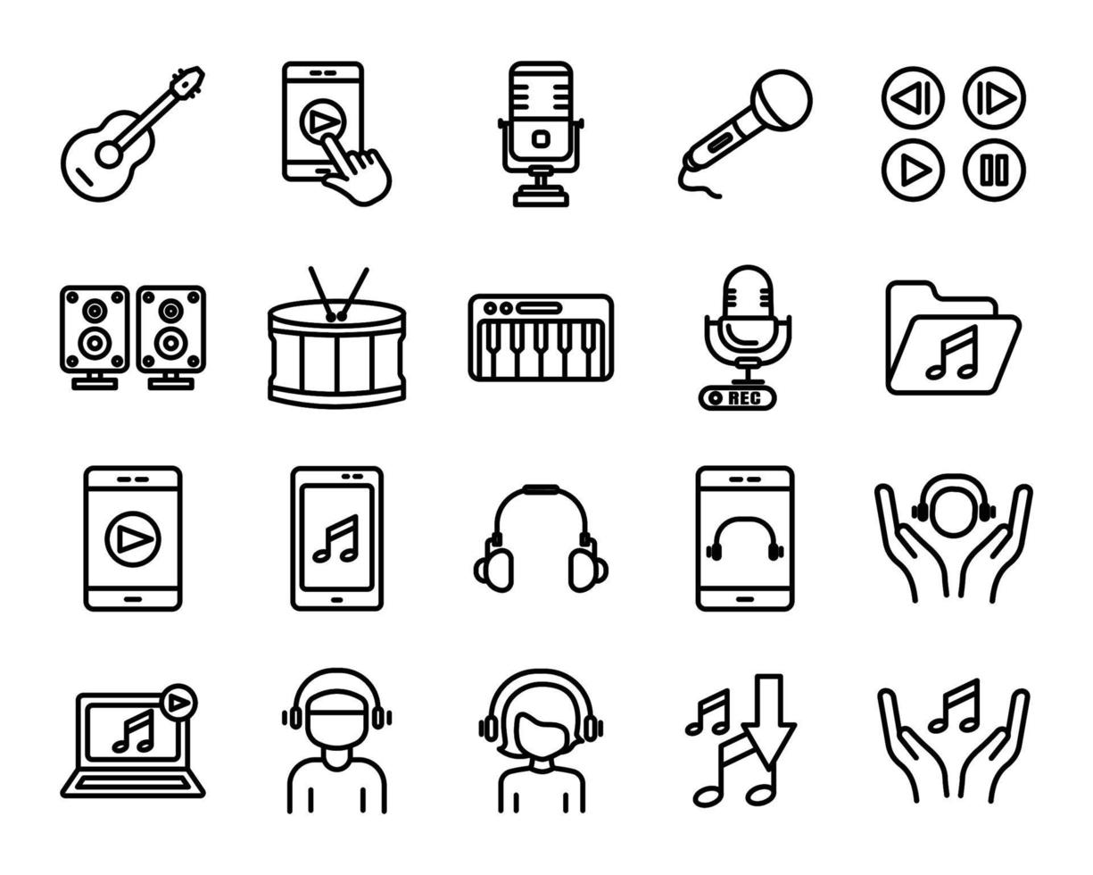 conjunto de iconos de vector de música. instrumento, tono. estilo de icono de línea. icono de aplicación de concepto móvil y diseño web. ilustración de diseño simple editable