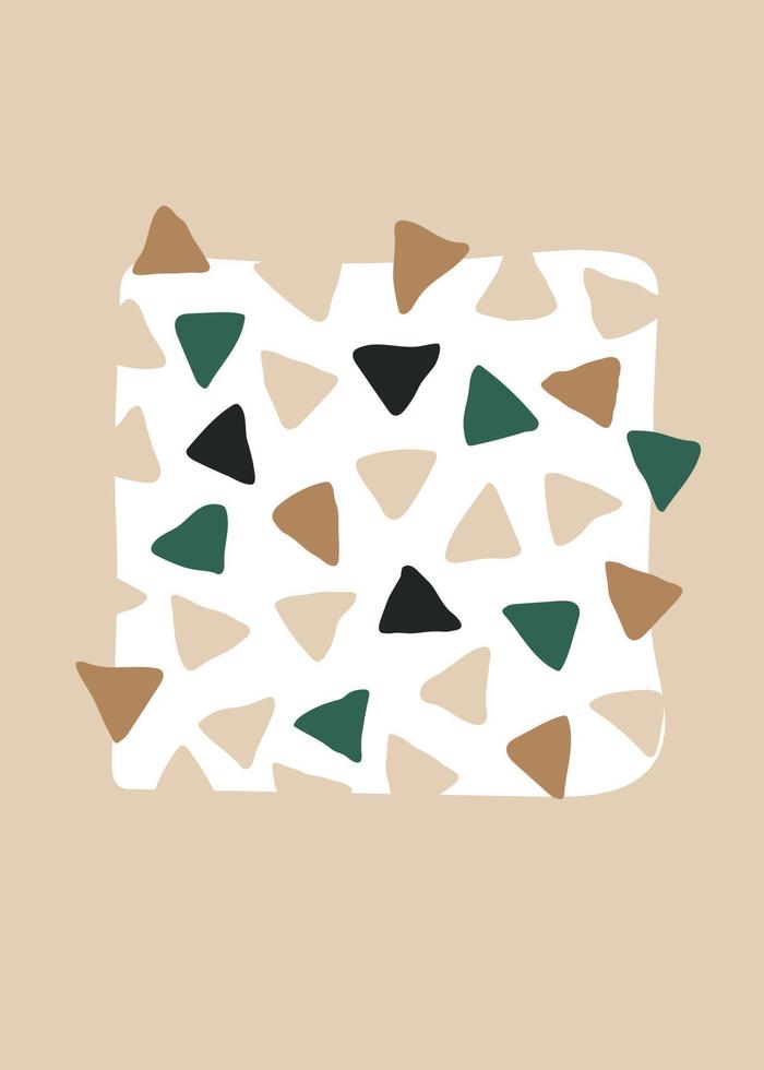 cartel abstracto en estilo boho moderno plano con triángulos. postal contemporánea sobre fondo beige con blob y drop. ilustración vectorial en tarjeta de felicitación vector