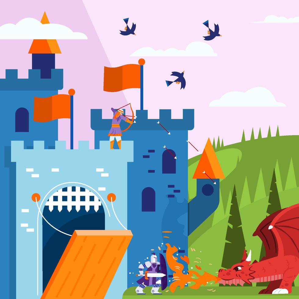 Knights Defend Their Castel From Dragon Attack Concept vector