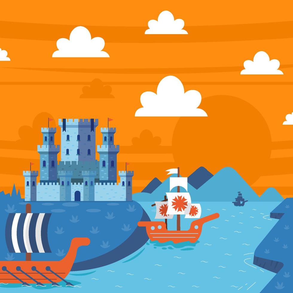 Medieval Castle And Ships Concept vector