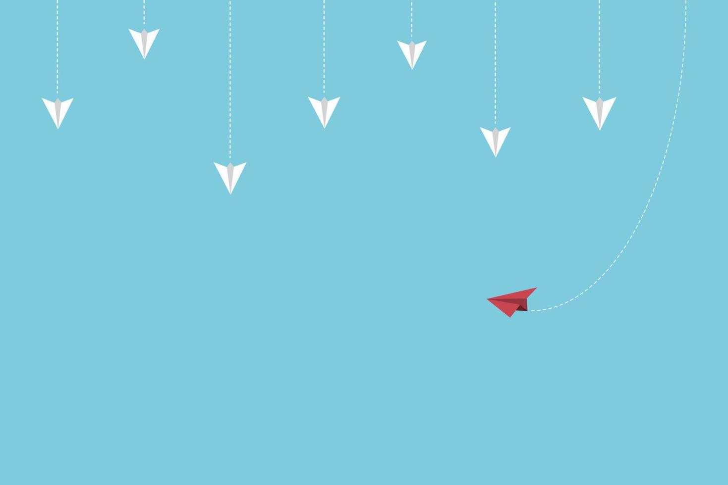 Think difference concept.The unique red paper flying out different directions from white paper planes vector