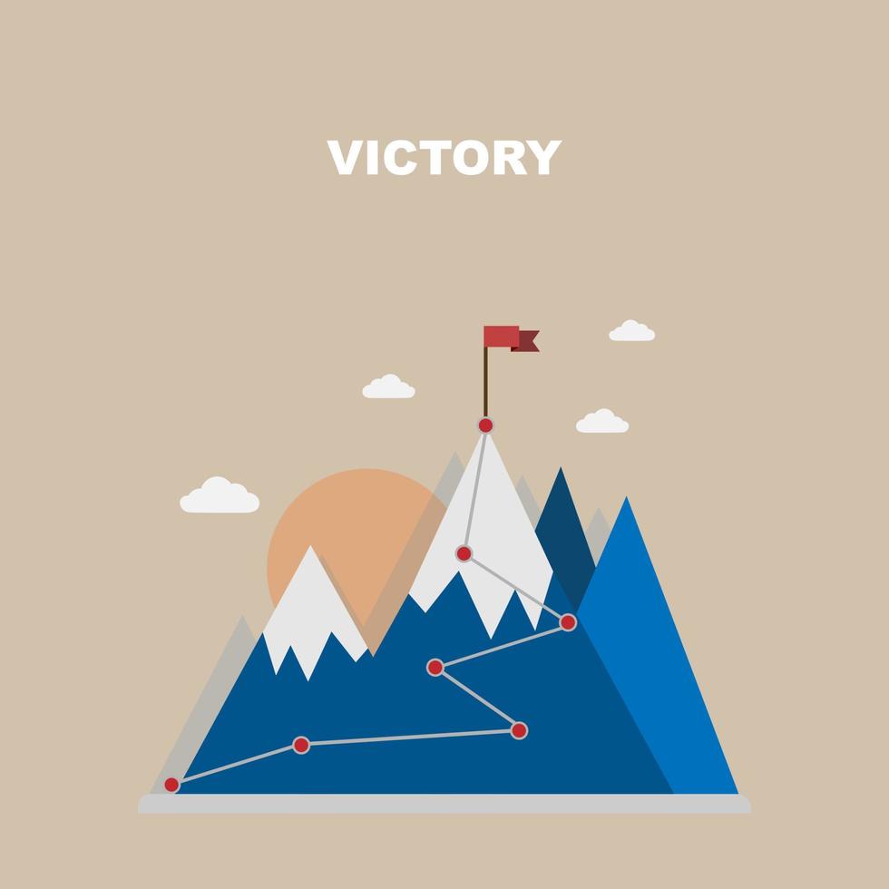 Vector flat flag on blue mountains and sundown. The way to success. Goal achievement. Business concept. Winning of competition design. our mission brochure title page template vector illustration.