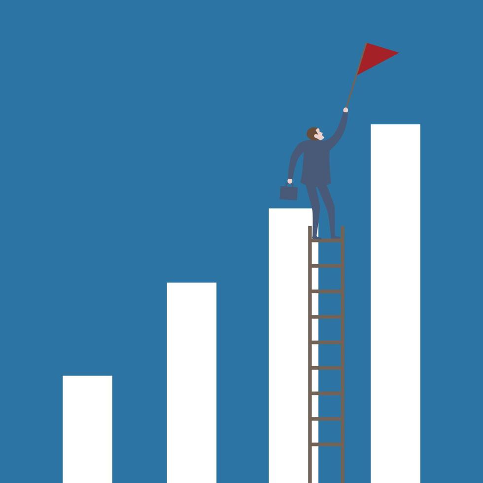 Successful business concept vector illustration, businessman try to bring the red flag to the top of bar graph.